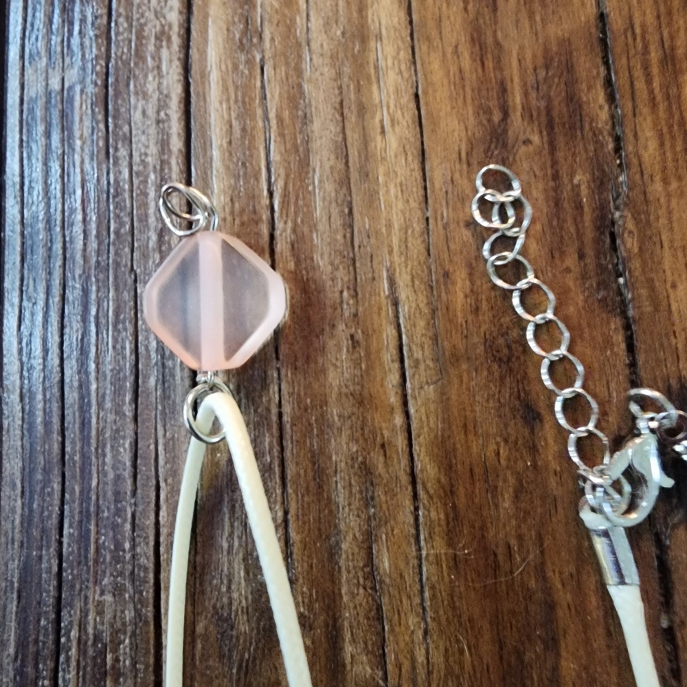 Handmade Beige cord Necklace with light clear Pink bead